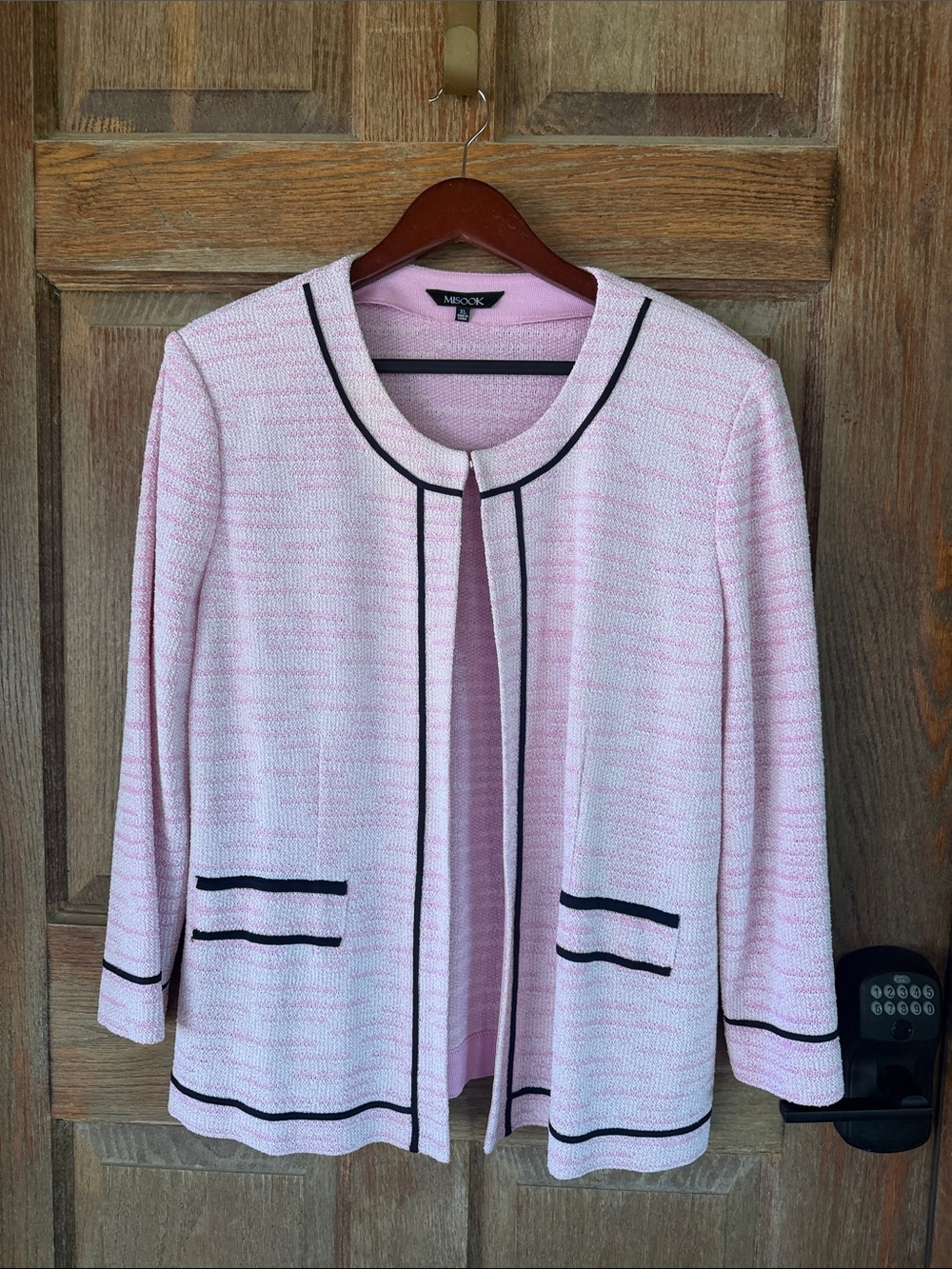 Misook Pink Open-Front pink Knit Jacket with Black Trim